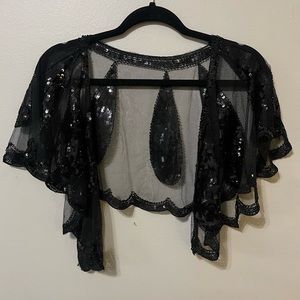 Vintage style 1920s Shawl Black Beaded Sequin Bolero Flapper Evening Cape